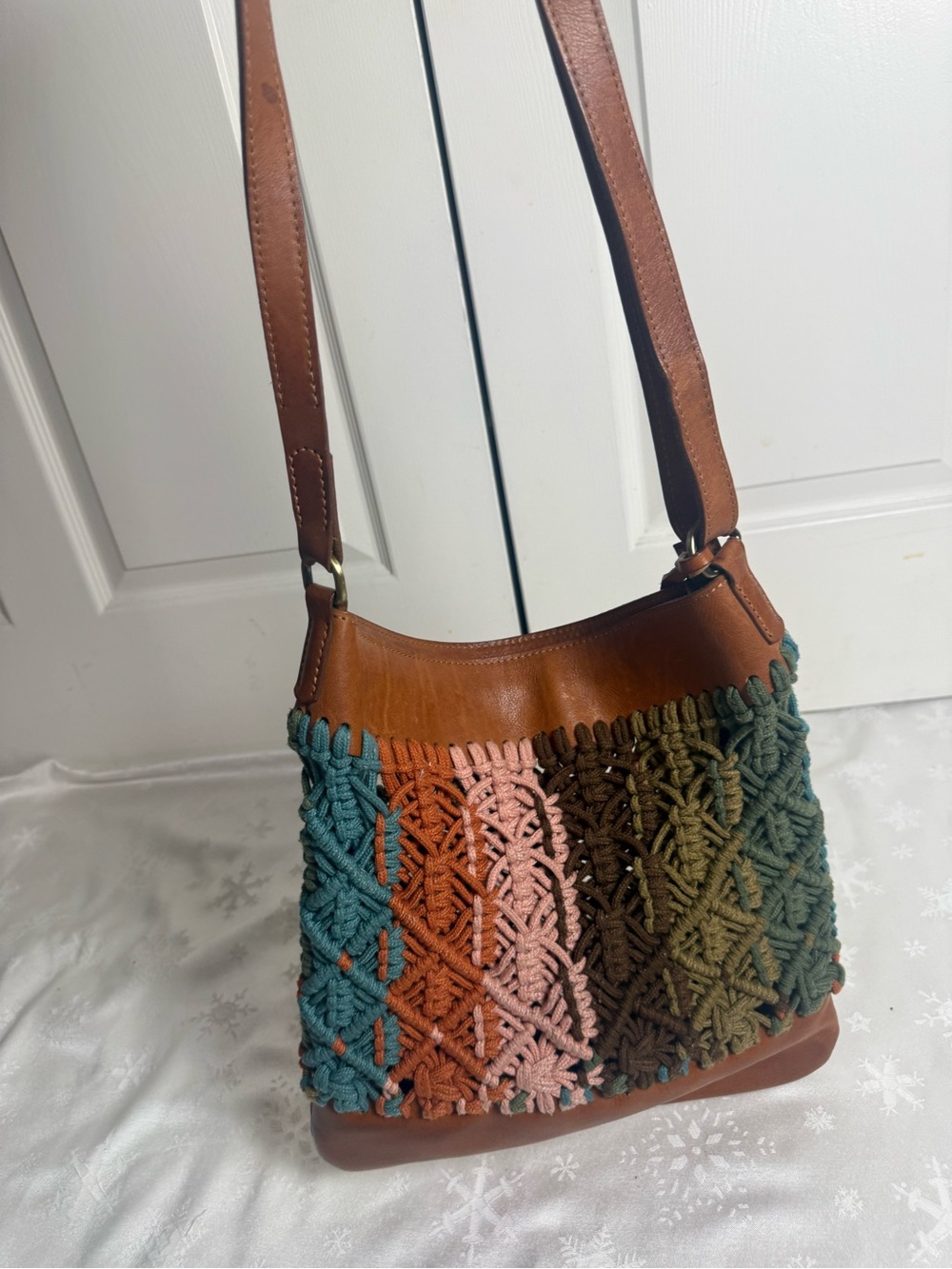 Freewill Leather Toong Macrame Brown Leather Crossbody Bag Boho Huyen Anh